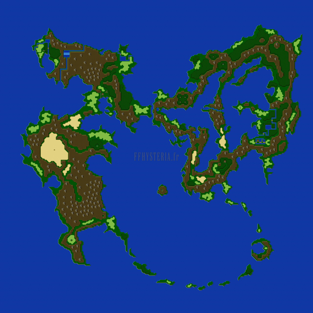 Carte complète du monde de Bartz, sans légende : le grand continent de l’ouest et son désert à gauche, un chapelet de terres et d’îles à droite