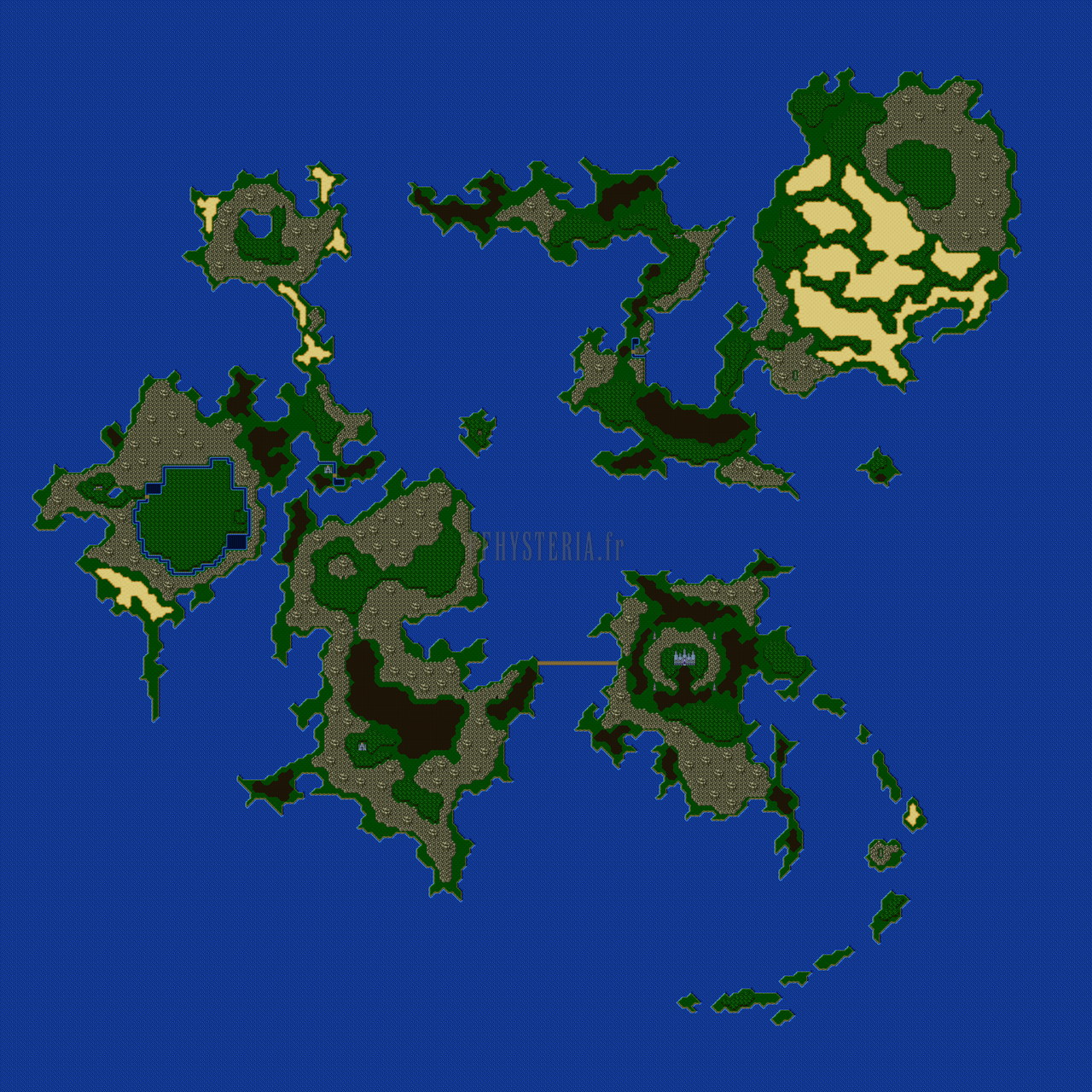 Carte complète du monde de Galuf, sans légende : plusieurs continents verts et bruns, un vaste désert au nord-est et la mer autour