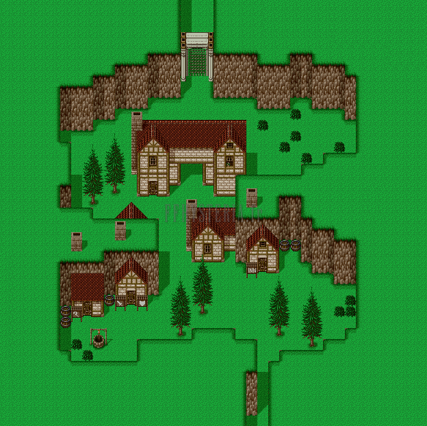 Plan complet de Quelbe : maisons à toits rouges, sapins et falaises, la porte du nord en haut (version SNES)