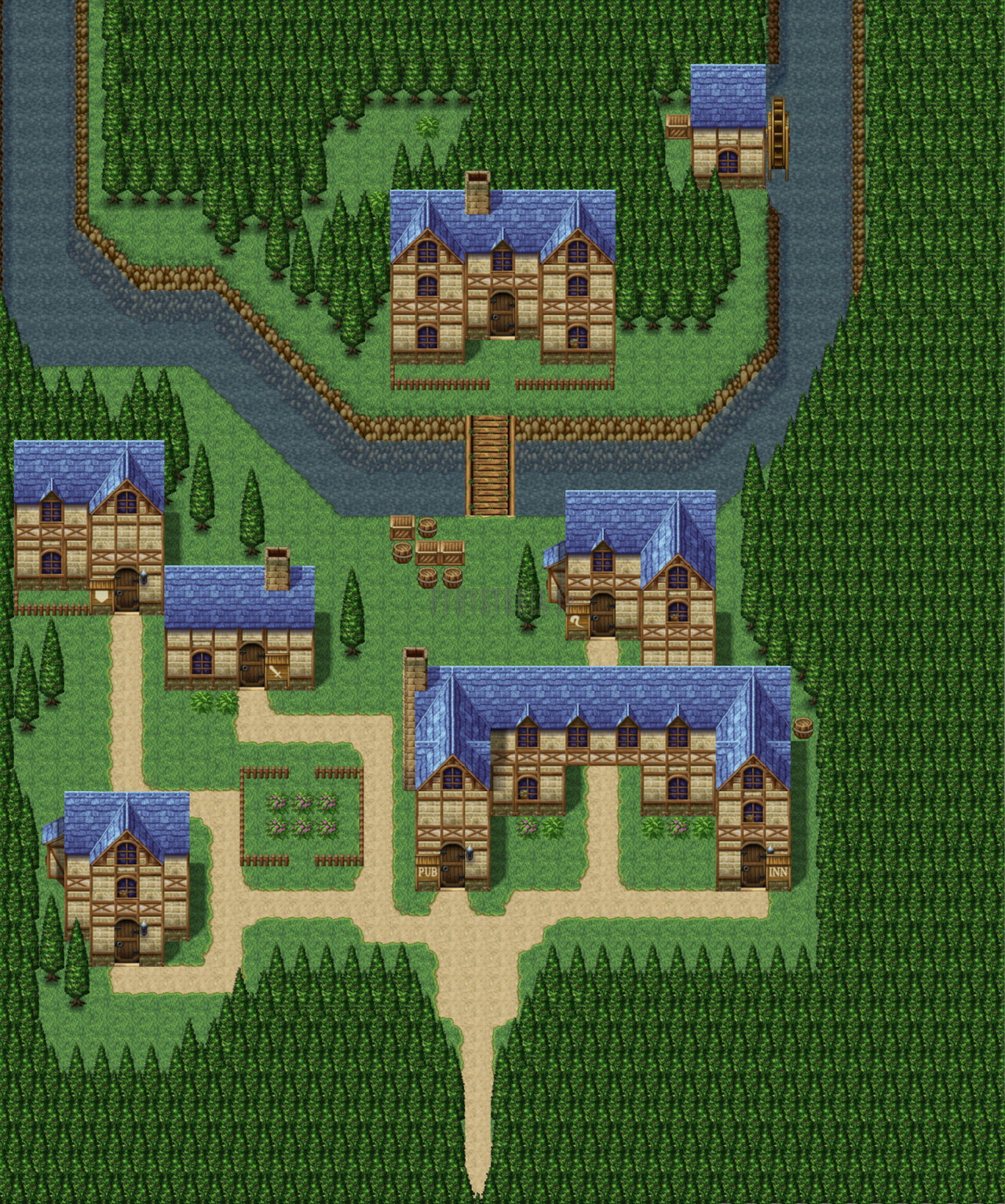 Plan complet de Tule : la maison de Zok au nord, au-delà de la rivière, les maisons à toit bleu au centre et l’entrée au sud (version mobile/PC 2013)
