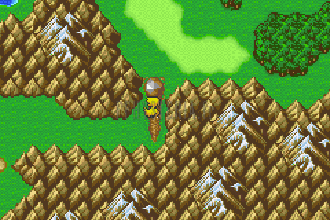 L’aérolithe dressé sur les hauteurs, entre les montagnes au sud et les plaines au nord, sur la mappemonde (version GBA)