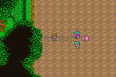 Bartz, à gauche, face aux deux Gobelins qui entourent Lenna, au pied de l’aérolithe (version GBA)