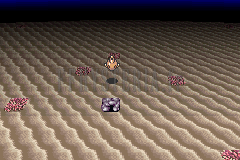 Le sous-marin au-dessus de l’entrée immergée de l’Antre de Ghido, sur un fond de sable (version GBA)