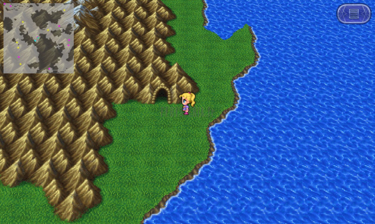 L’entrée de l’Antre de Ghido au pied des montagnes, près de la côte, sur la mappemonde du monde fusionné (version mobile/PC 2013)