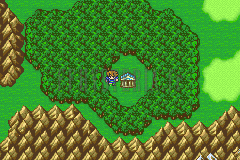 La Bibliothèque des anciens au cœur de sa clairière, entourée de forêt et de montagnes, sur la mappemonde (version GBA)