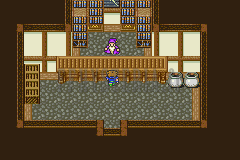 La boutique de magie de Carwen, sa marchande derrière le comptoir et les rayonnages au fond (version GBA)