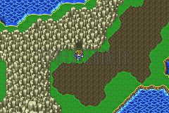 Le terrain rocheux où s’ouvre la caverne à l’est de Bal, un personnage devant l’entrée (version GBA)