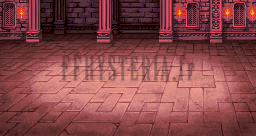 Le décor des combats du château de Karnak pendant la fuite : sol rose, murs rouges et torches (version GBA)