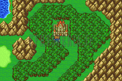 Le château de Tycoon au cœur de la forêt, cerné de montagnes, sur la mappemonde (version GBA)