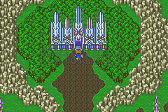 Le Château Exdeath et ses flèches de cristal bleu au fond d’une clairière, Bartz sur le chemin qui en sort (version GBA)