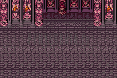 Le décor des combats du château sous sa vraie forme : dallage mauve et piliers rouges ornés de motifs démoniaques (version SNES)