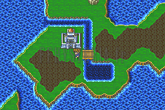 Le Château Surgate sur la mappemonde, au bord d’une rivière enjambée par un pont de bois (version GBA)