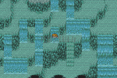 L’intérieur des Chutes d’Istorie : une grotte turquoise ruisselante de cascades (version GBA)