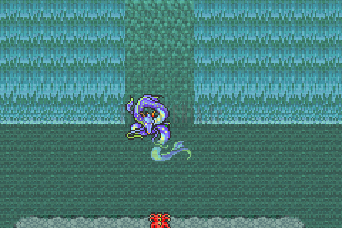 Léviathan, serpent de mer violet, surgit dans la grotte des Chutes d’Istorie (version GBA)