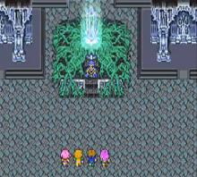 La salle du cristal de la terre : le cristal au centre de ses racines, les quatre héros en bas (version SNES)