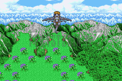 Le Hiryû s’envole du sommet avec le groupe, les montagnes enneigées au loin (version GBA)