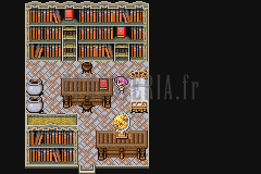 La bibliothèque de la Fissure : rayonnages de livres rouges et tables (version GBA)