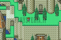 Le château de la Fissure : murailles de pierre verte, tours rondes et sapins (version GBA)