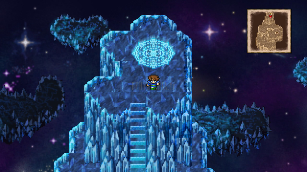 Bartz sur un palier de cristal flottant dans l’espace étoilé, un cercle de téléportation derrière lui (Pixel Remaster)