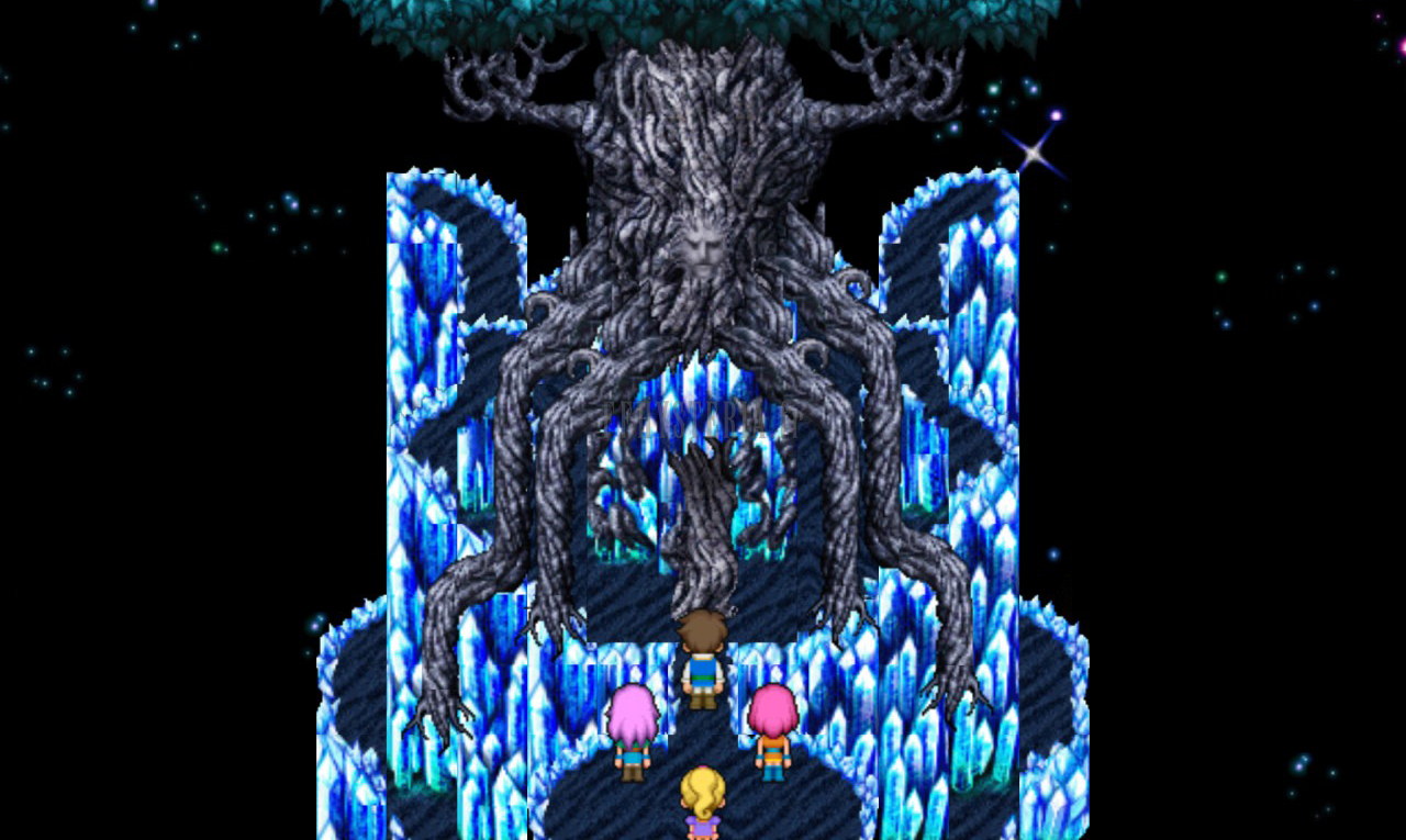 Exdeath sous sa vraie forme : un arbre géant dressé au-dessus des murs de cristal, le groupe à ses pieds (version mobile/PC 2013)