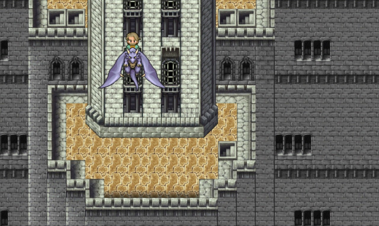 Porté par le Hiryû, Galuf se pose au sommet d’une tour de pierre grise du Château Exdeath (version mobile/PC 2013)