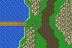 L’arrivée du Grand pont sur la mappemonde, entre la mer et une rivière (version GBA)
