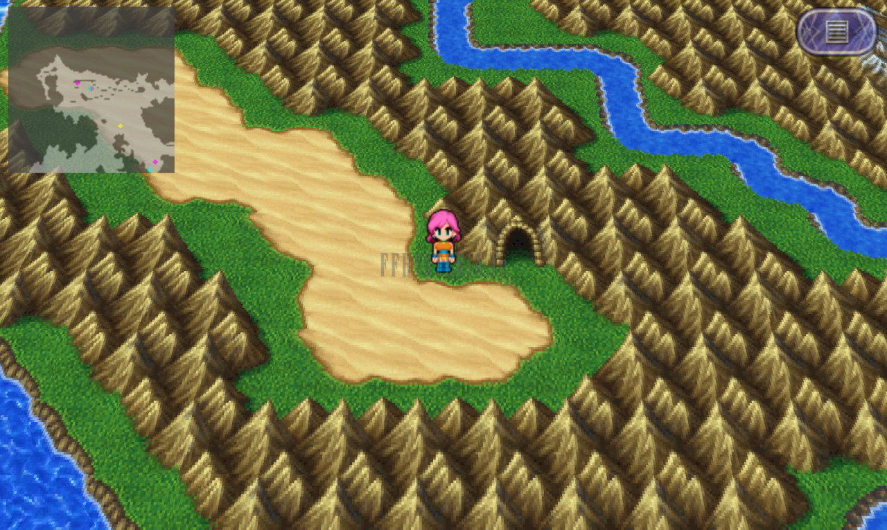 La sortie de la grotte sous-marine : une entrée de caverne au bord d’un plateau de sable, entre les montagnes (version mobile/PC 2013)