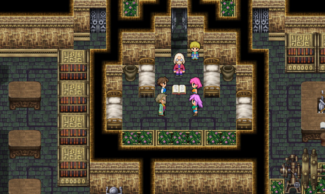 La chambre du Hangar : lits, tapis et le groupe autour de Cid (version mobile/PC 2013)