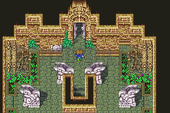 La salle dorée du Hangar, ses statues de pierre et son escalier central (version GBA)