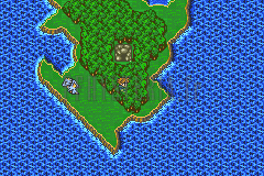 L’île boisée de Ghido et l’entrée de sa grotte, le Hiryû posé sur la rive (version GBA)