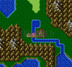 Kuza, le château des sceaux, cerné de douves et de montagnes, sur la mappemonde du monde fusionné (version SNES)