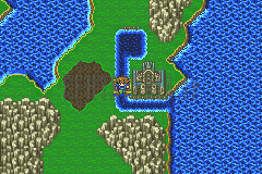 Kuza, le château des sceaux, entouré de douves au bord de la mer, Bartz devant l’entrée (version GBA)