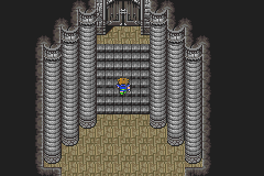 L’entrée de Kuza, le château des sceaux : un grand escalier entre deux rangées de colonnes grises (version GBA)
