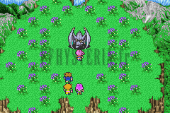 Le sommet fleuri du Mont du Nord : le Hiryû blessé en haut, Lenna devant lui et le groupe en bas (version GBA)