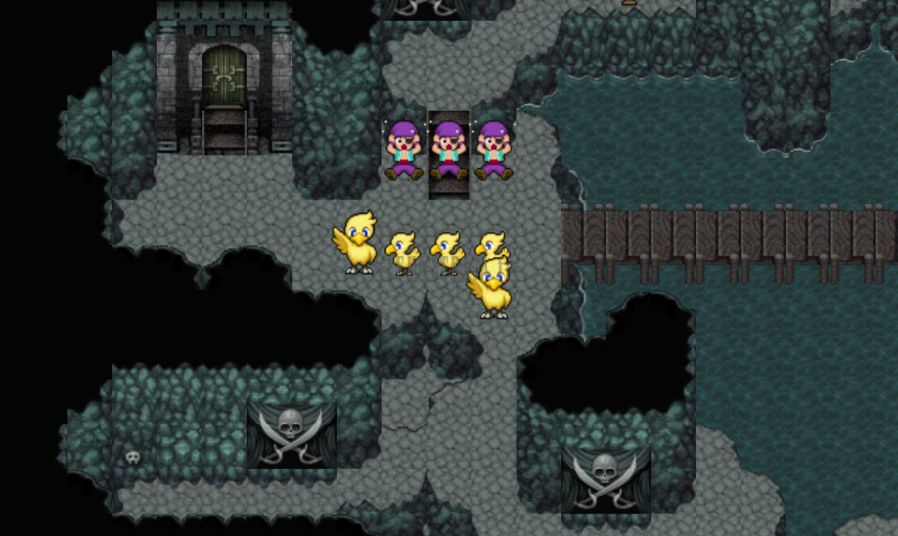 Dans la grotte du Refuge des pirates : quatre poussins de chocobo au milieu des pirates, emblèmes à tête de mort au sol (version mobile/PC 2013)