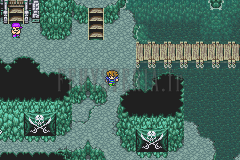 Le Refuge des pirates : Bartz sur la galerie, le ponton de bois à droite et les emblèmes à tête de mort en bas (version GBA)