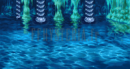 Le décor des combats de la Rivière souterraine : eau turquoise, cascades et stalactites (version GBA)