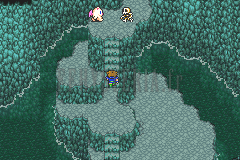 La Rivière souterraine : galerie turquoise en gradins, le Mog réfugié tout en haut face à un monstre (version GBA)