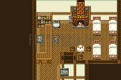 L’auberge de Rugole : cheminée, rangée de lits et deux voyageurs (version GBA)