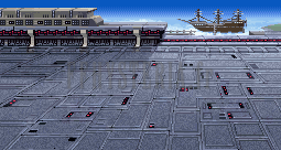 Le décor des combats contre les canons : le pont métallique de Ronka, le vaisseau à l’horizon (version GBA)