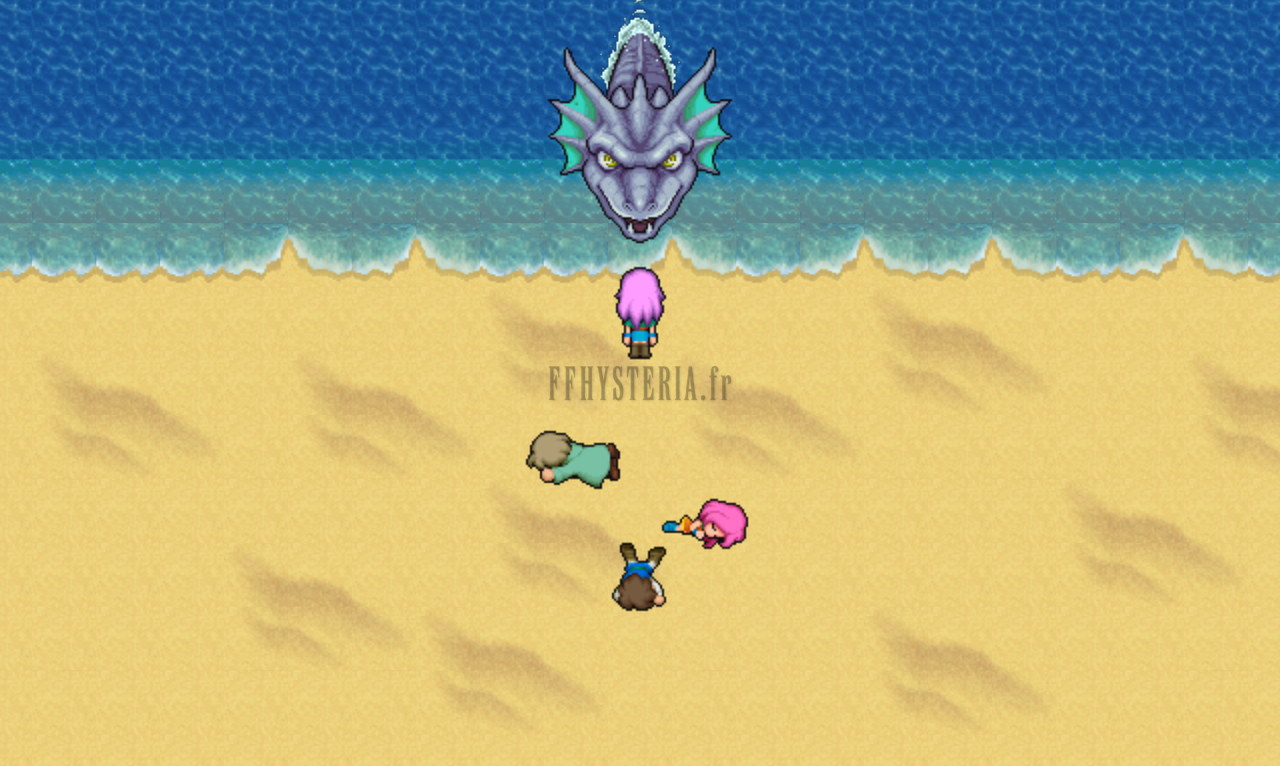 Syldra sur le rivage, Faris debout près d’elle et le reste du groupe étendu sur le sable (version mobile/PC 2013)