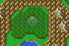 Le Temple du vent au cœur de sa forêt en anneau, le navire accosté au sud, sur la mappemonde (version GBA)