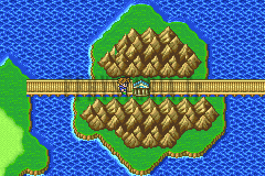 Le Grand pont traverse l’île du Temple insulaire ; l’entrée du temple se trouve au milieu du pont (version GBA)