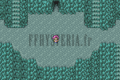 La chute abyssale du Temple Oublié : une grotte verdâtre avec un bassin et un personnage (version GBA)