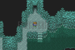 Le fleuve souterrain du Temple Oublié : une grotte turquoise, un personnage au centre (version GBA)