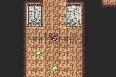 Le sanctuaire en ruine du Temple Oublié : un couloir de dalles brunes entre deux piliers, lueurs vertes au sol (version GBA)