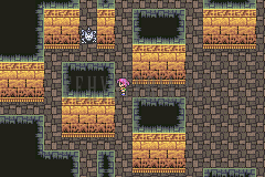 La tombe du Temple Oublié : salle de pierre percée de fosses, blocs bruns et un personnage (version GBA)