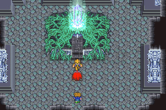 La salle du cristal de la Tour de Wolse : le cristal au centre de ses racines, Garula et le groupe en bas (version GBA)