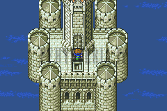 Une des deux tours de la Tour fourchue : un donjon de pierre flanqué de tourelles rondes, au-dessus de l’eau (version GBA)