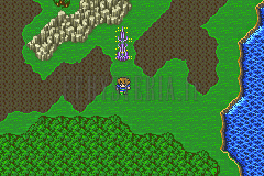 La Tour protectrice, flèche violette dressée sur des collines brunes, sur la mappemonde (version GBA)
